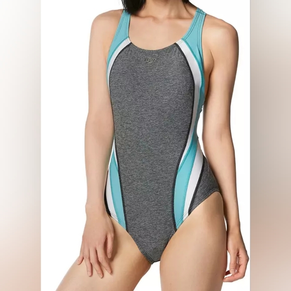 Speedo WomenActive Quantum Fusion Splice Gray/Aqua One-Piece Swimsuit Size 6 - Picture 1 of 10